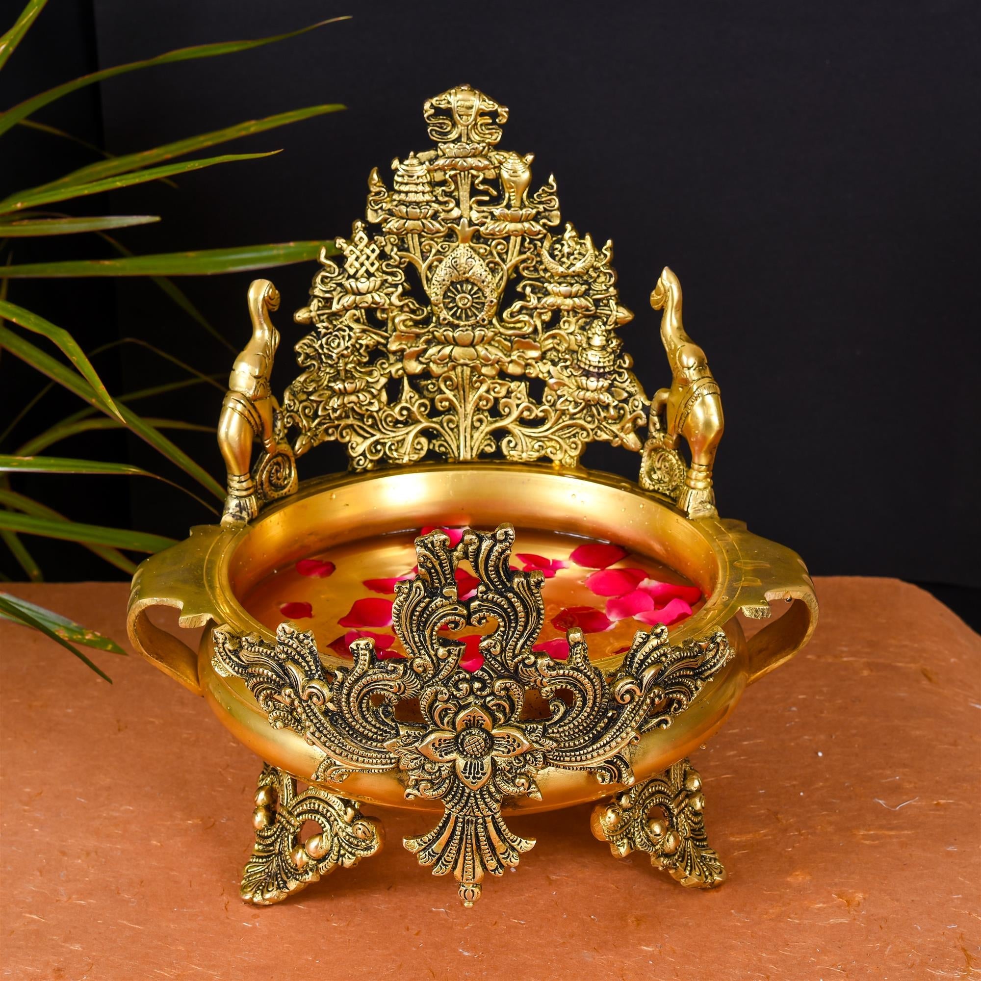 Brass Elephant Carving Urli (12.5 Inch)