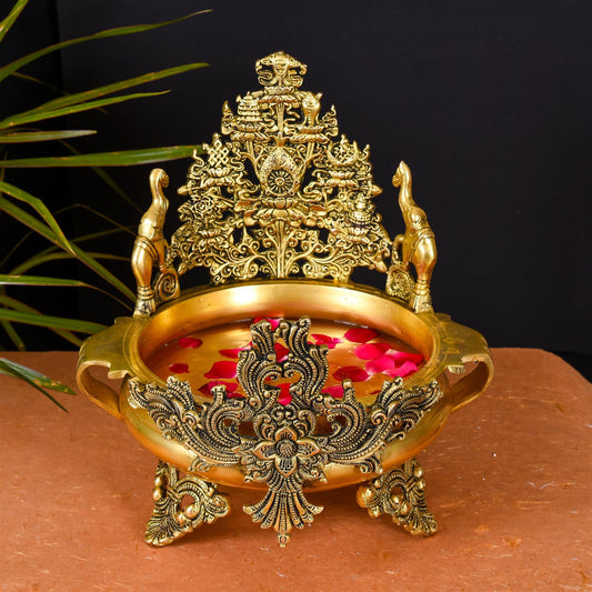 Brass Elephant Carving Urli (12.5 Inch)