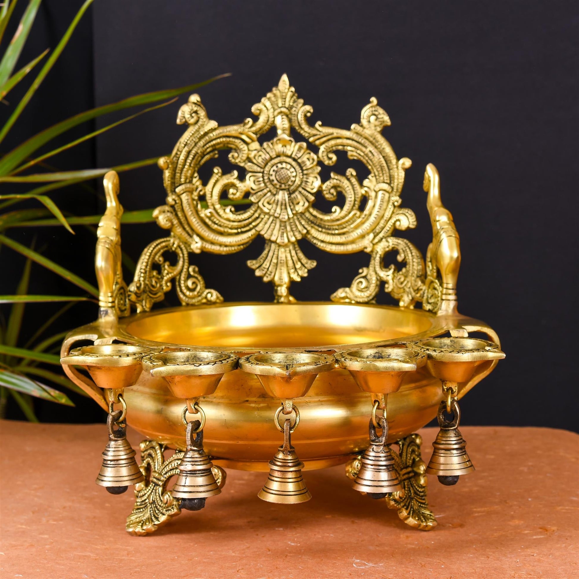 Brass Elephant Carving Urli With 5 Diyas And Bells  (12 Inch)