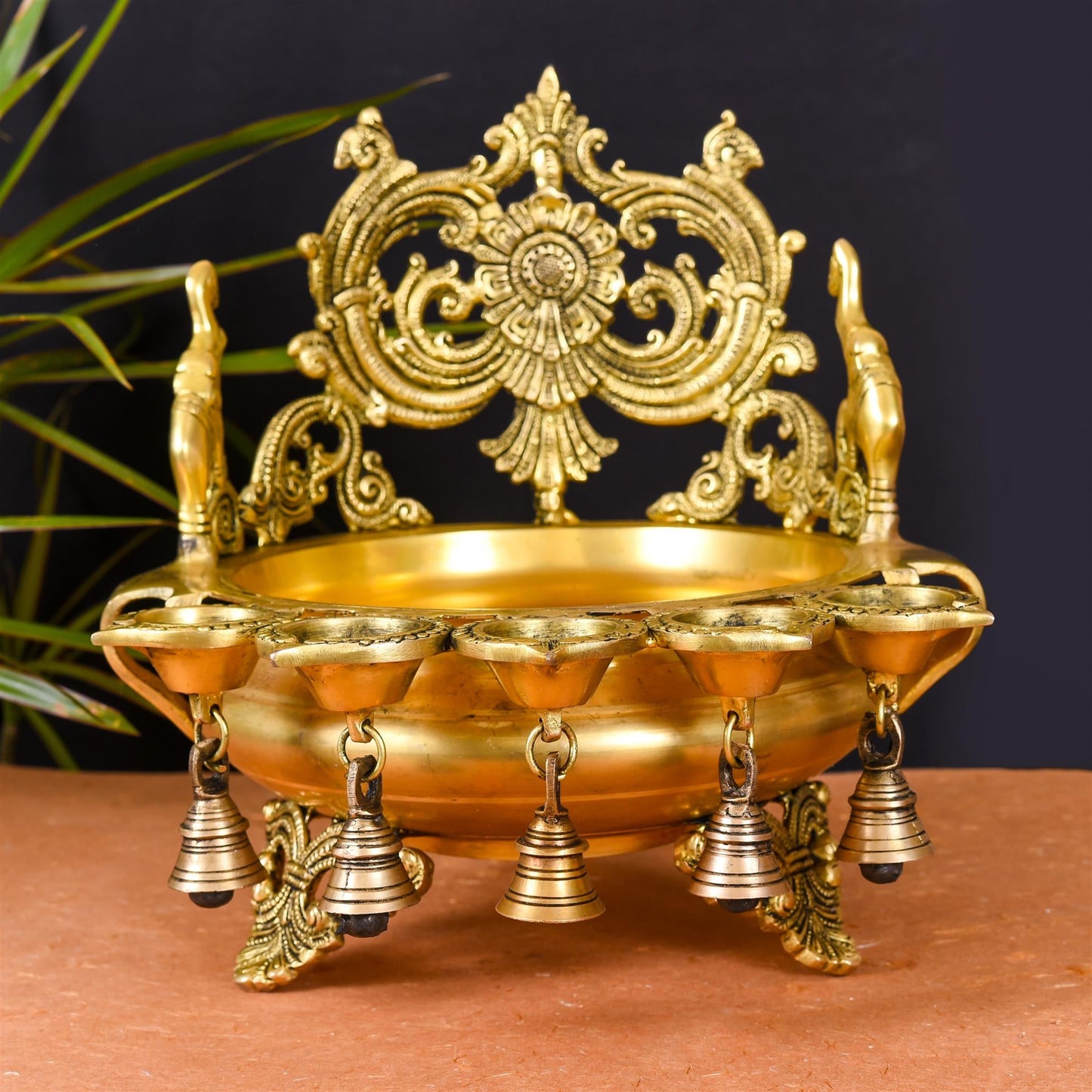 Brass Elephant Carving Urli With 5 Diyas And Bells  (12 Inch)