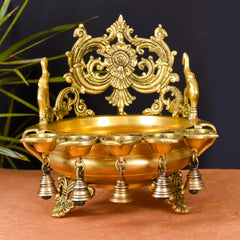 Brass Elephant Carving Urli With 5 Diyas And Bells  (12 Inch)