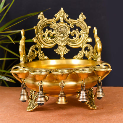 Brass Elephant Carving Urli With 5 Diyas And Bells  (12 Inch)