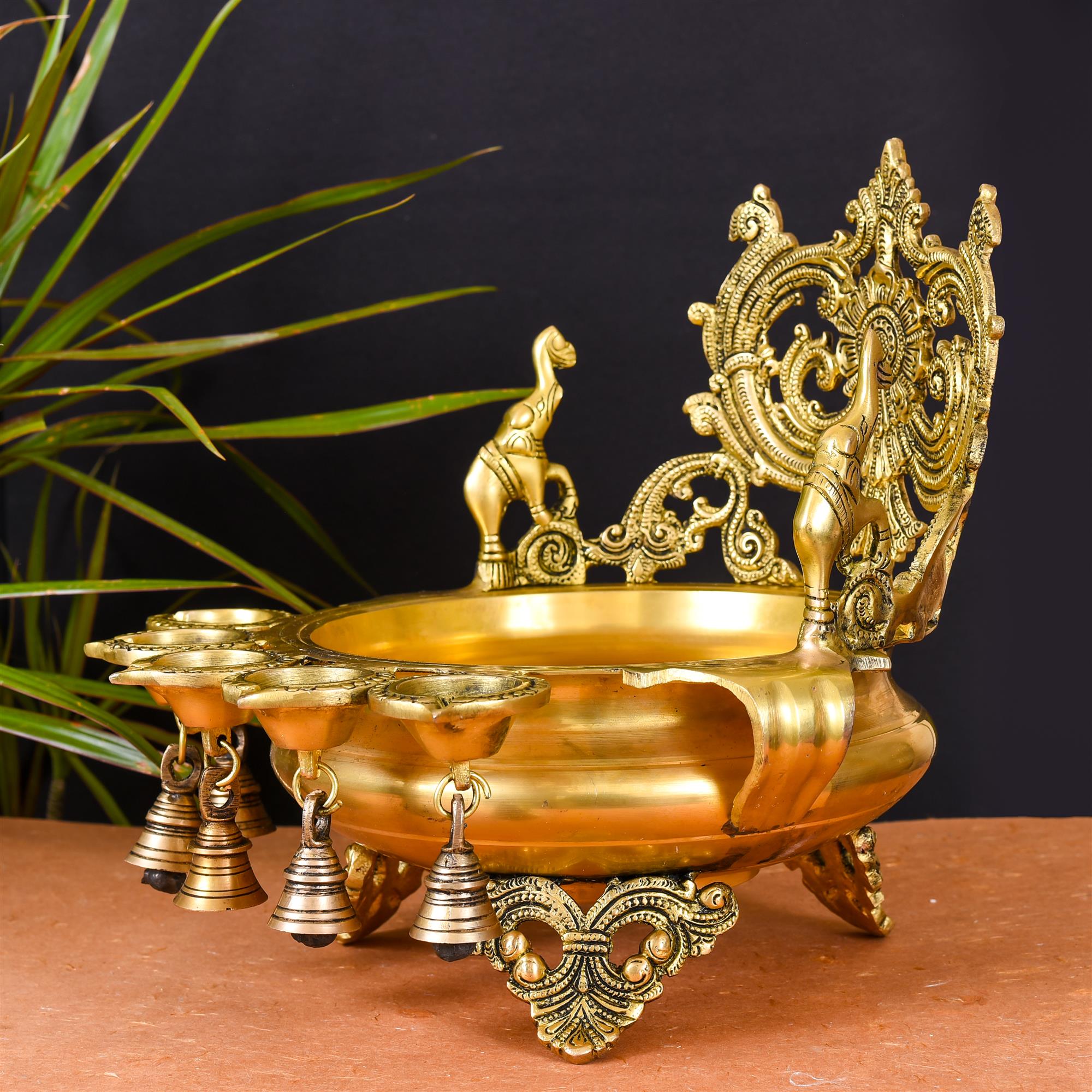 Brass Elephant Carving Urli With 5 Diyas And Bells  (12 Inch)