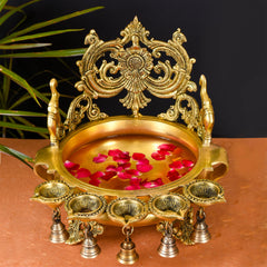Brass Elephant Carving Urli With 5 Diyas And Bells  (12 Inch)
