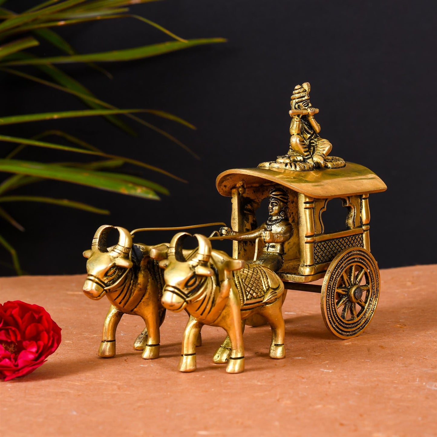 Brass Double Bullock Cart With Krishna (5.8 Inch)