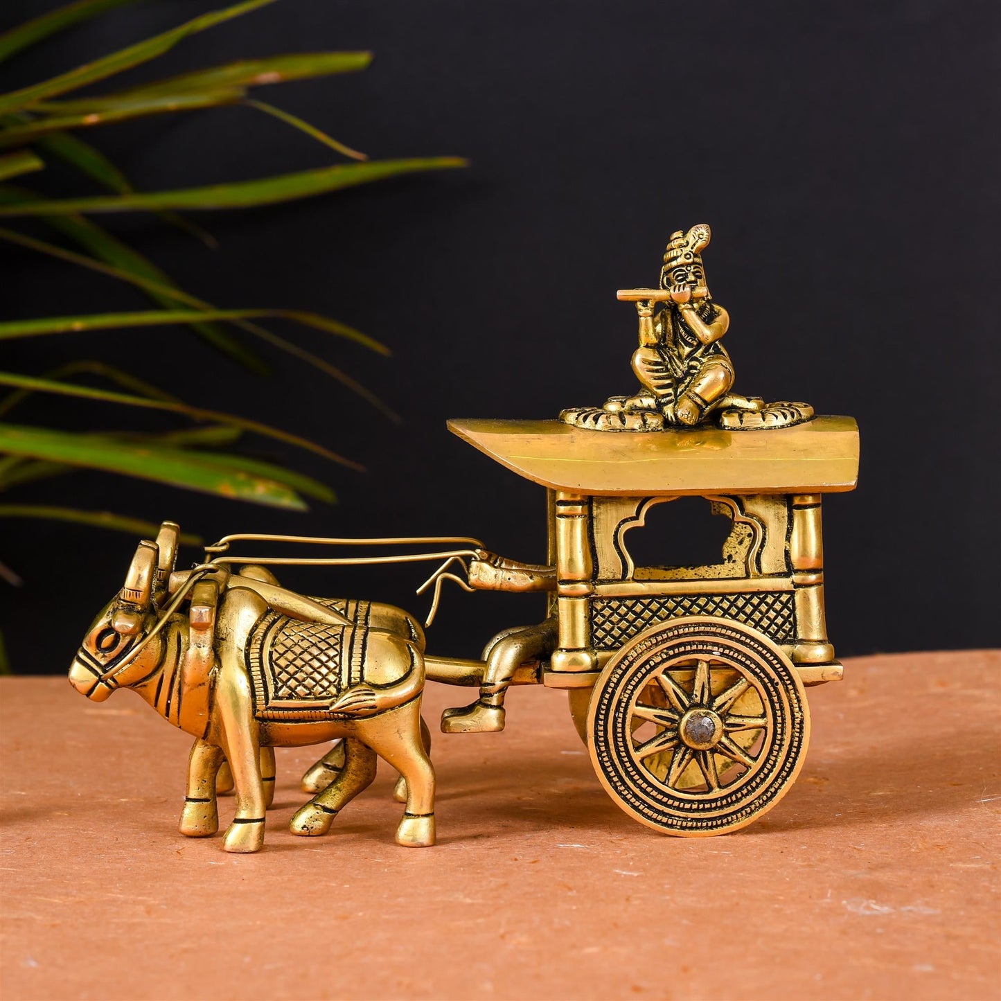 Brass Double Bullock Cart With Krishna (5.8 Inch)