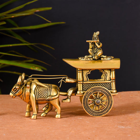 Brass Double Bullock Cart With Krishna (5.8 Inch)