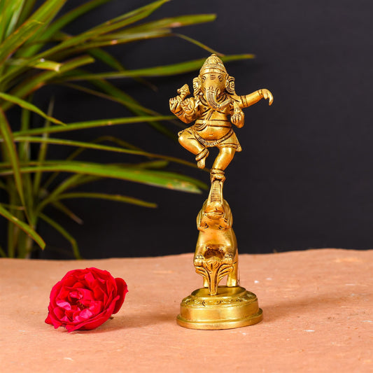 Brass Superfine Statue Of Lord Dancing Ganesha (7 Inch)