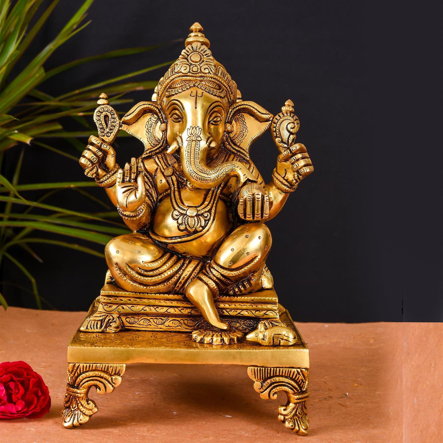 Brass Superfine Singhasan Ganesha Idol (11.5 Inch)