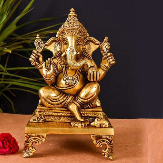 Brass Superfine Singhasan Ganesha Idol (11.5 Inch)