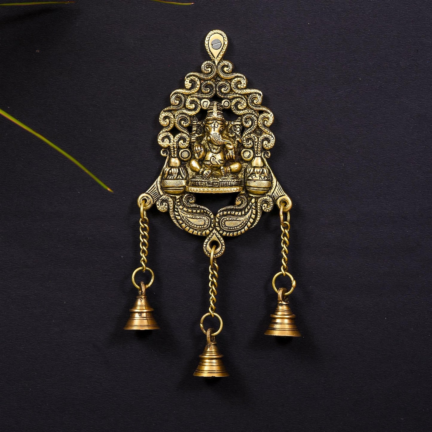 Brass Wall Hanging Ganesha In Frame With Three Bells (11 Inch)