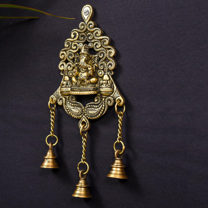Brass Wall Hanging Ganesha In Frame With Three Bells (11 Inch)