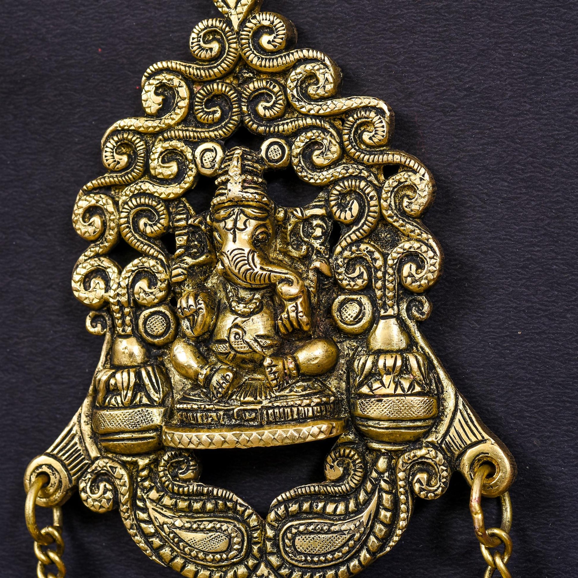 Brass Wall Hanging Ganesha In Frame With Three Bells (11 Inch)