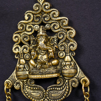 Brass Wall Hanging Ganesha In Frame With Three Bells (11 Inch)