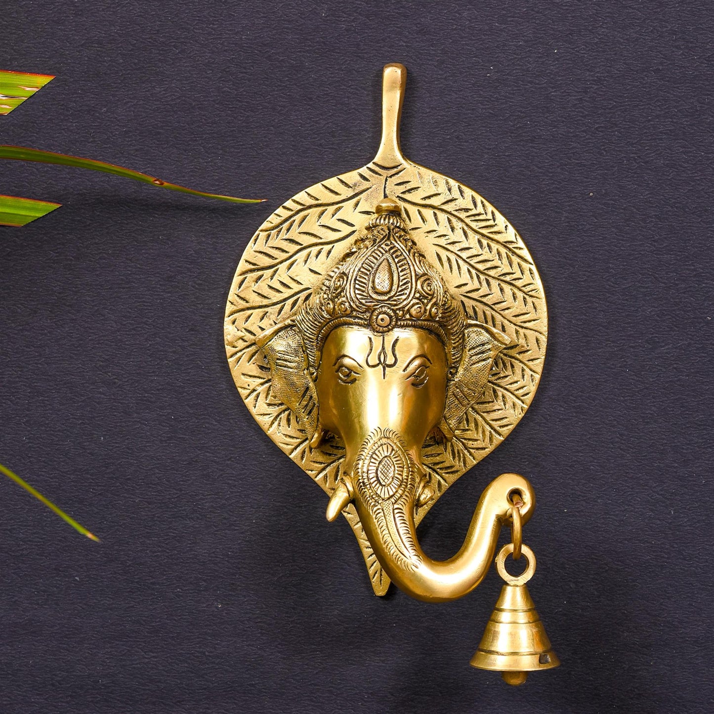 Brass Ganesha Bell On Leaf Wall Hanging (8 Inch)