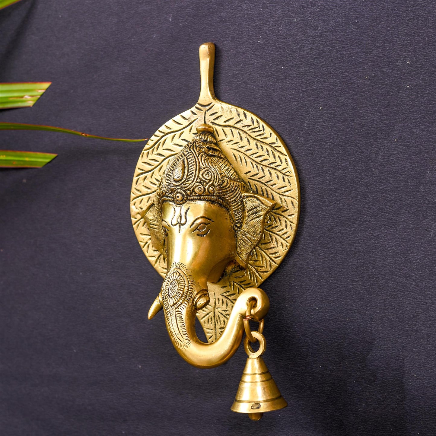Brass Ganesha Bell On Leaf Wall Hanging (7.5 Inch)