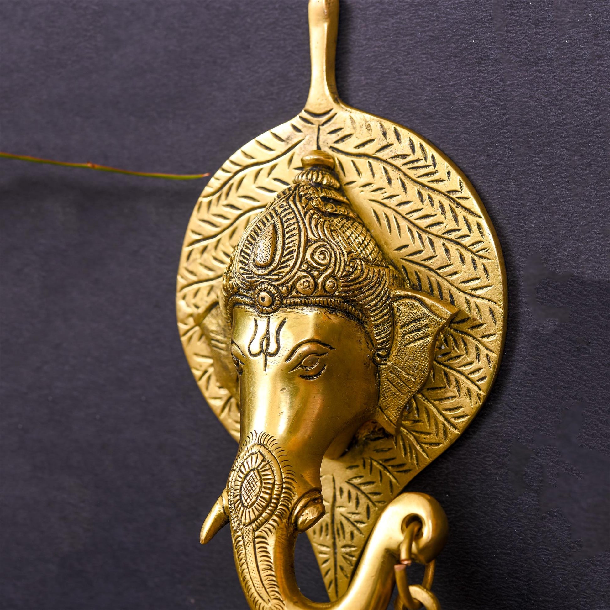 Brass Ganesha Bell On Leaf Wall Hanging (7.5 Inch)