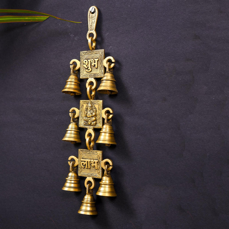 Brass Shubh, Labh, Ganesha Wall Hanging With Bell (12.5 Inch)