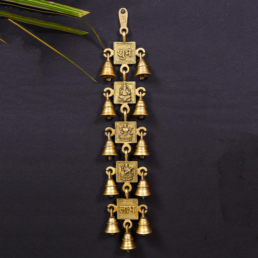 Brass Ganesha Lakshmi Saraswati Shubh And Labh Hanging Bell (19 Inch)