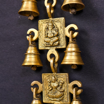 Brass Ganesha Lakshmi Saraswati Shubh And Labh Hanging Bell (19 Inch)
