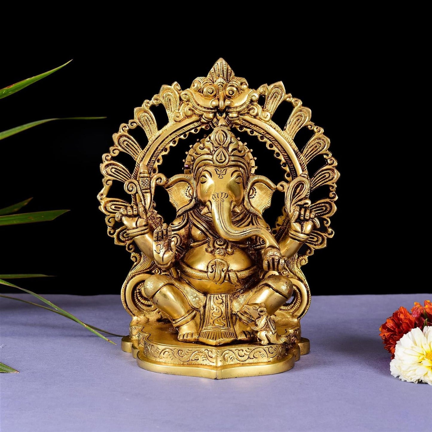 Brass Ganesha On Prabhavali Singhasan Statue (9 Inch)