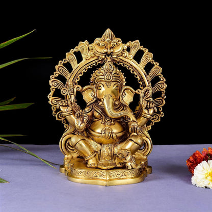 Brass Ganesha On Prabhavali Singhasan Statue (9 Inch)