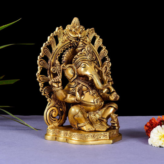 Brass Ganesha On Prabhavali Singhasan Statue (9 Inch)