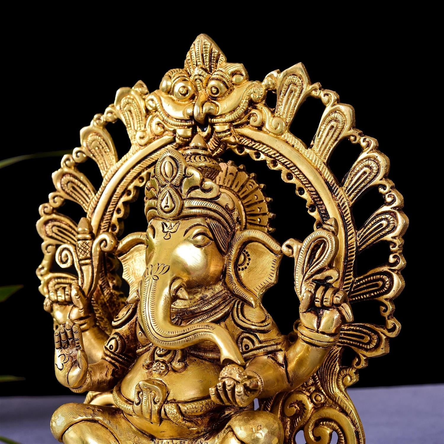 Brass Ganesha On Prabhavali Singhasan Statue (9 Inch)
