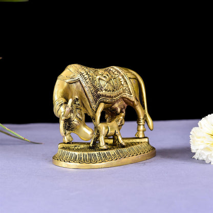 Brass Kamdhenu Cow With Calf Idol (4 Inch)