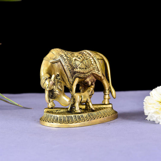 Brass Kamdhenu Cow With Calf Idol (4 Inch)