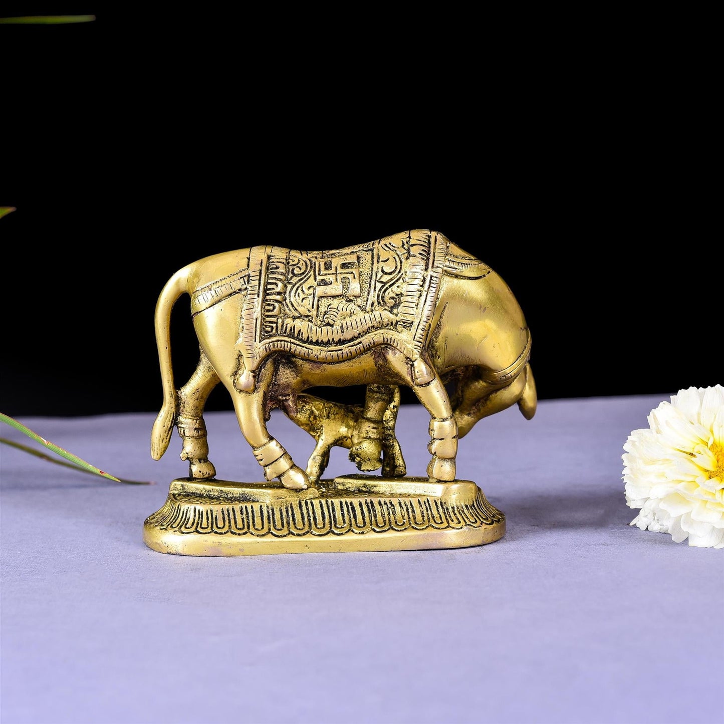 Brass Kamdhenu Cow With Calf Idol (4 Inch)