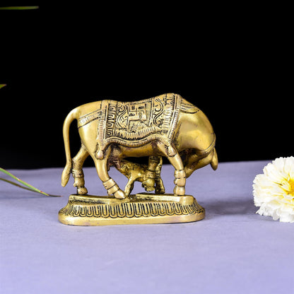 Brass Kamdhenu Cow With Calf Idol (4 Inch)