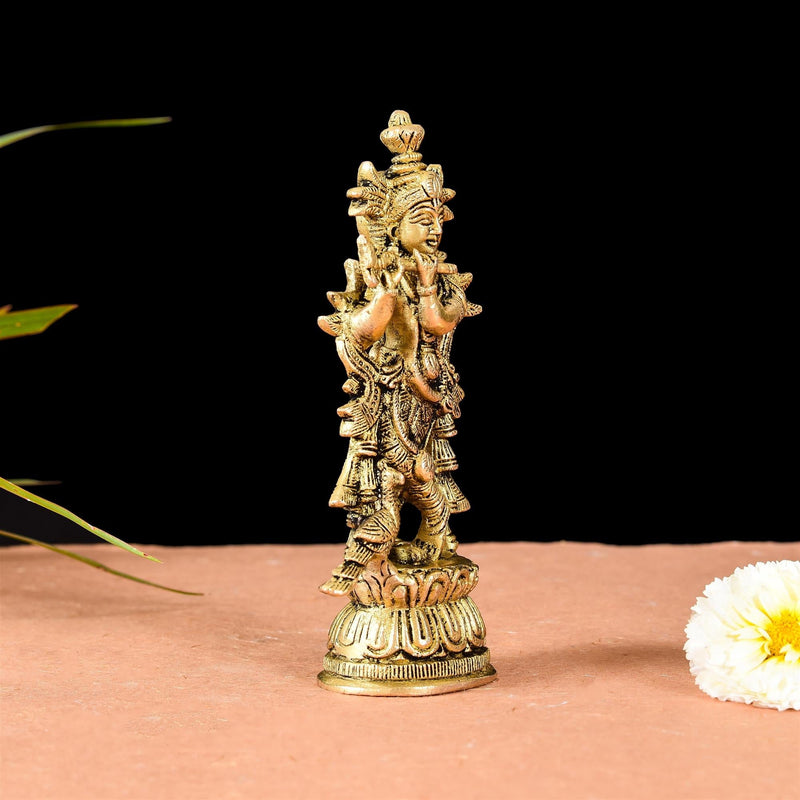Brass Lord Krishna With Base Idol (6.7 Inch)