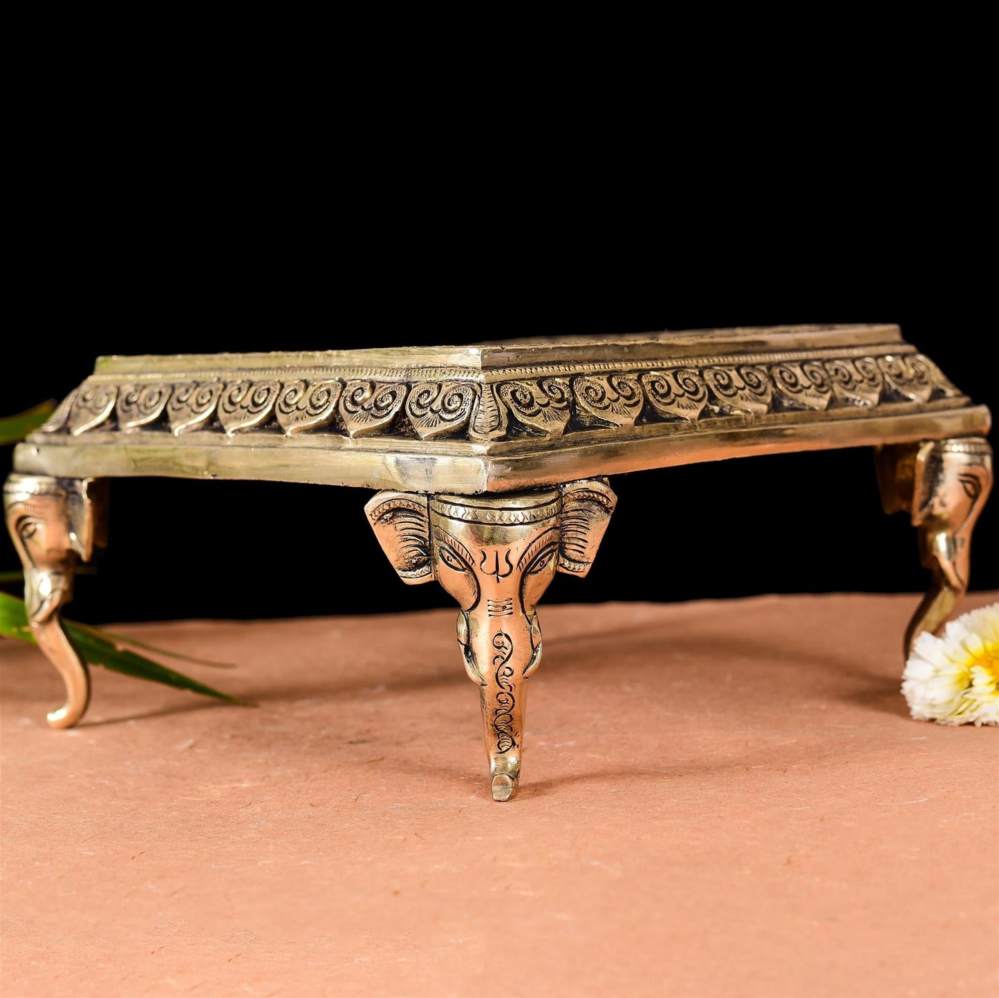 Brass Chowki With Elephant Pillars (5 Inch)