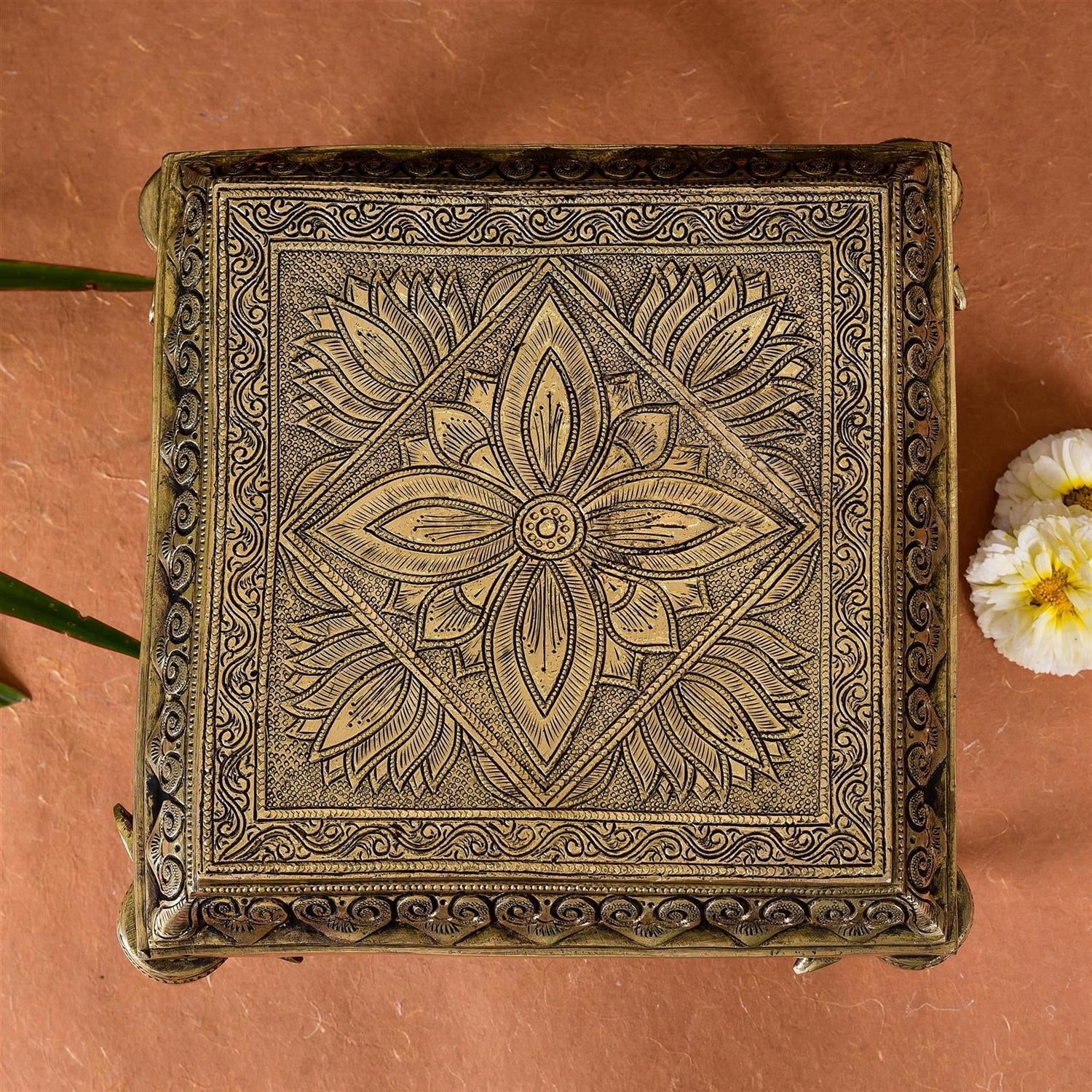 Brass Chowki With Elephant Pillars (5 Inch)