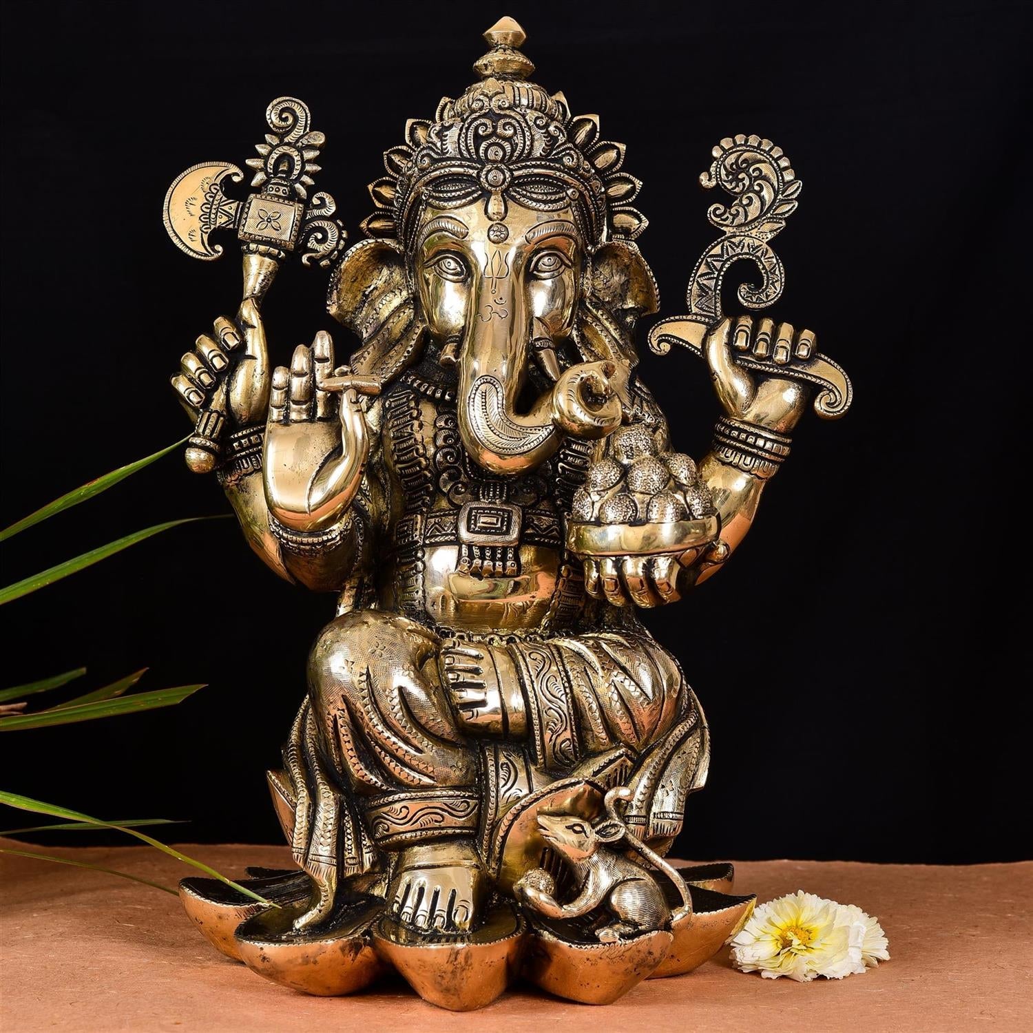 Brass Lotus Ganesha Idol (17 Inch)