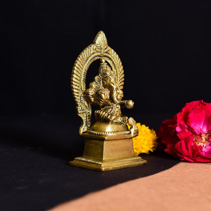 Brass Ganesha On Throne (Singhasan) Idol (4 Inch)