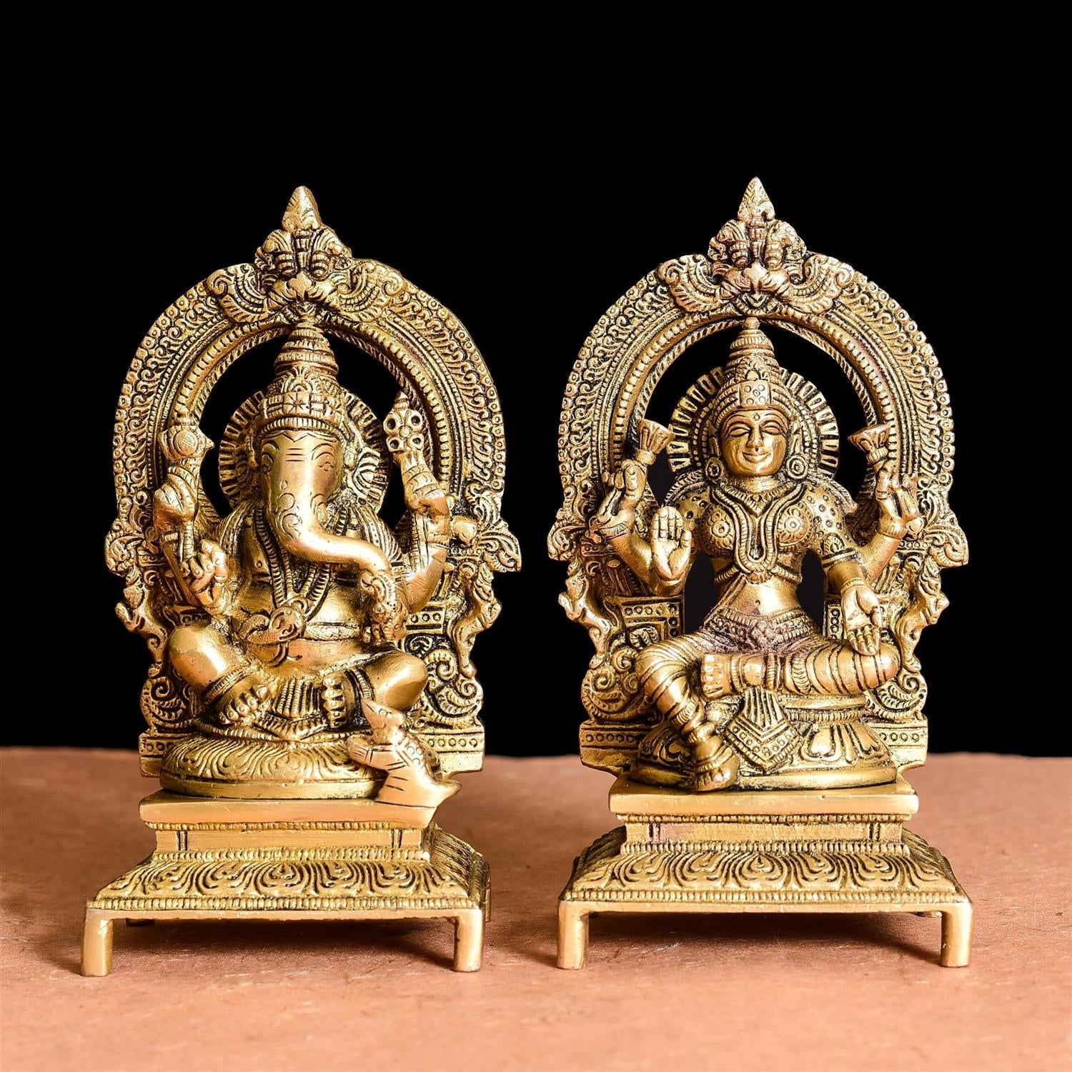 Brass Ganesh And Lakshmi On Throne Idol (7.5 Inch)