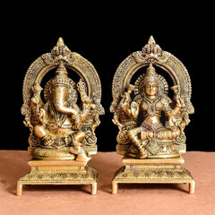 Brass Ganesh And Lakshmi On Throne Idol (7.5 Inch)