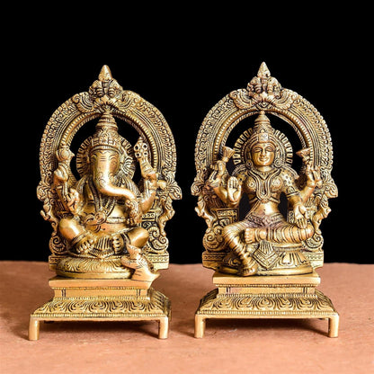 Brass Ganesh And Lakshmi On Throne Idol (7.5 Inch)