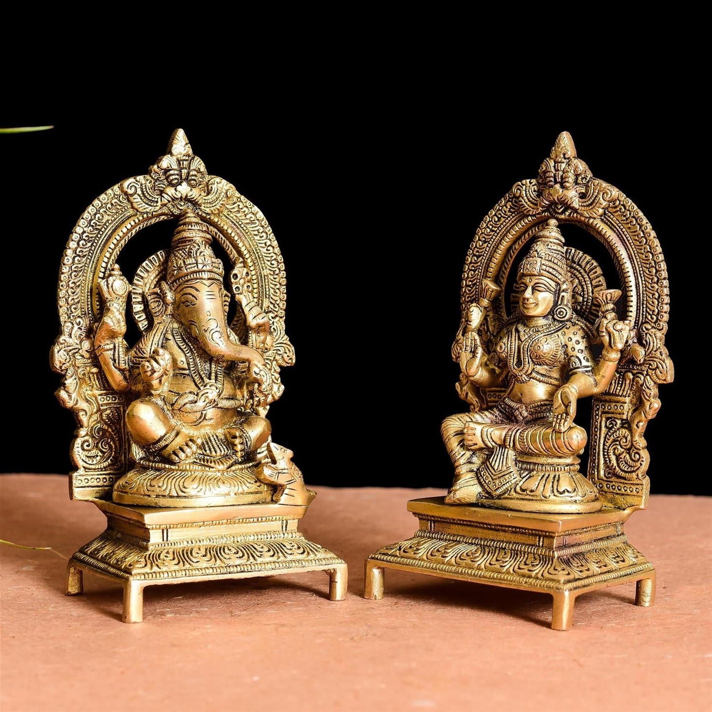 Brass Ganesh And Lakshmi On Throne Idol (7.5 Inch)