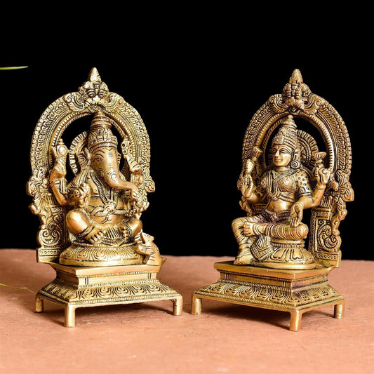 Brass Ganesh And Lakshmi On Throne Idol (7.5 Inch)