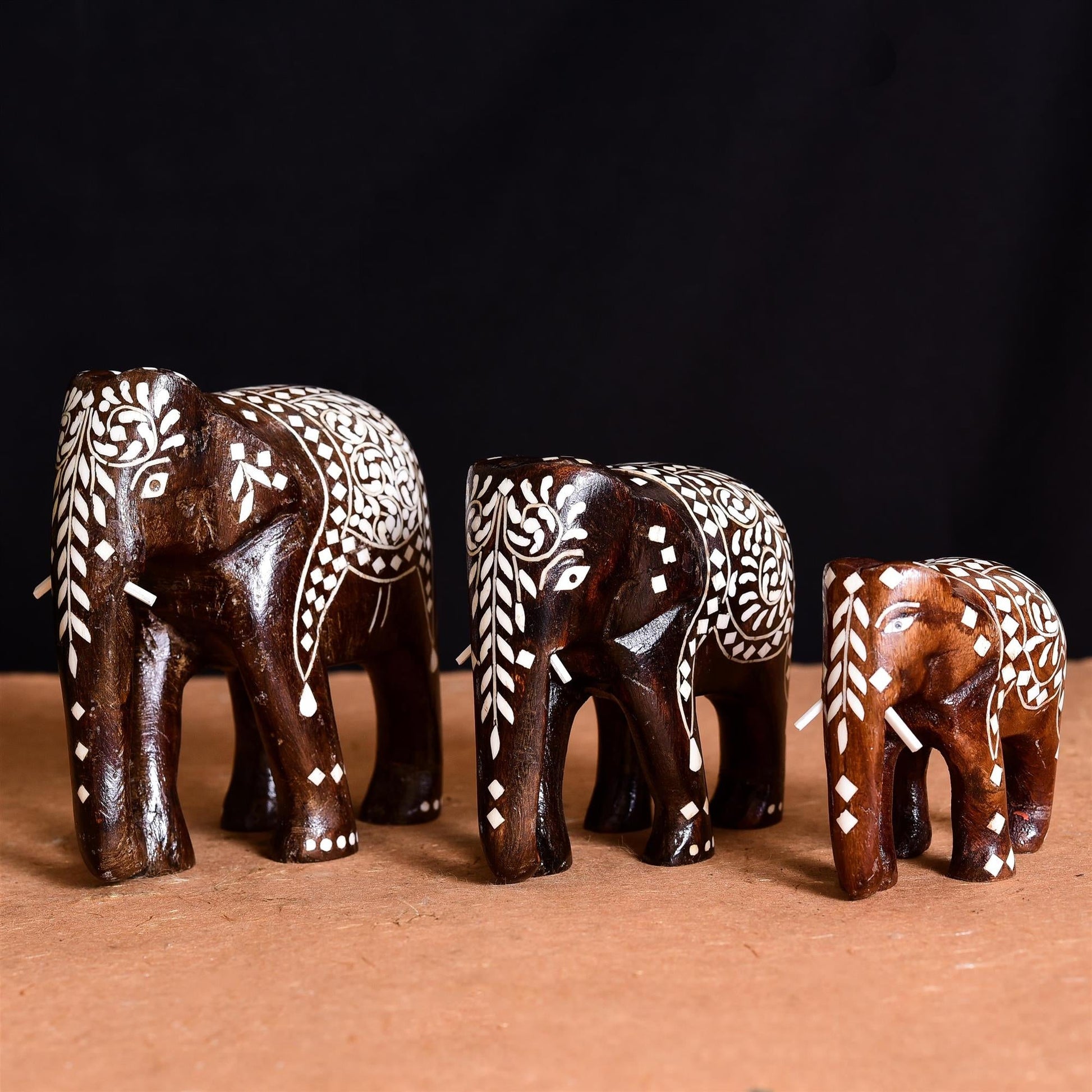 Wooden Inlay Elephant Family Set