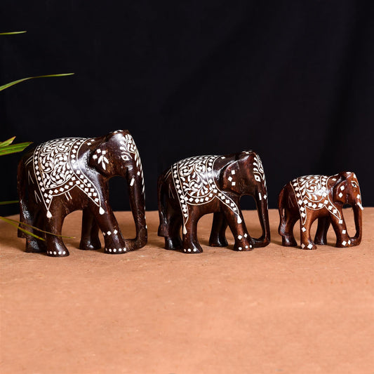 Wooden Inlay Elephant Family Set