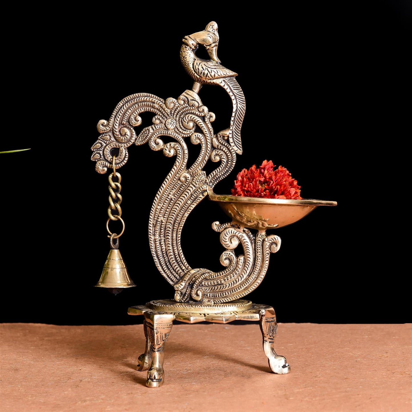 Brass Ethnic Peacock Diya Lamp With Hanging bell