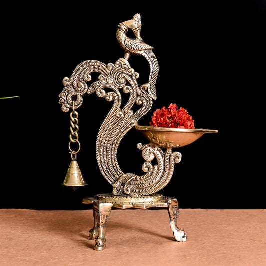 Brass Ethnic Peacock Diya Lamp With Hanging bell