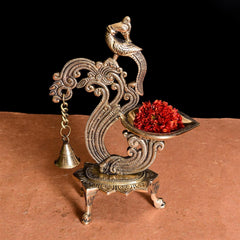 Brass Ethnic Peacock Diya Lamp With Hanging bell