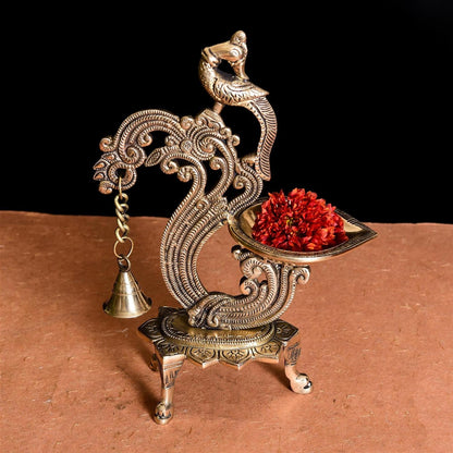 Brass Ethnic Peacock Diya Lamp With Hanging bell