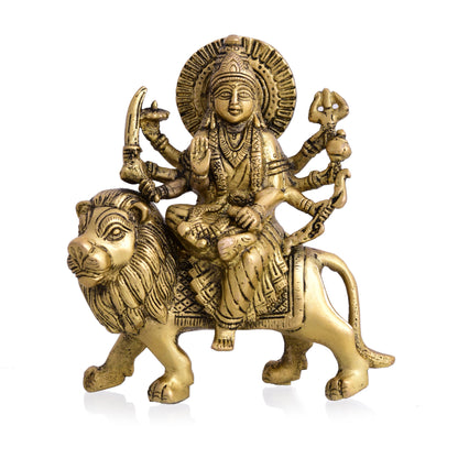 Brass Durga Idol Sitting On Loin (5.5 Inch)