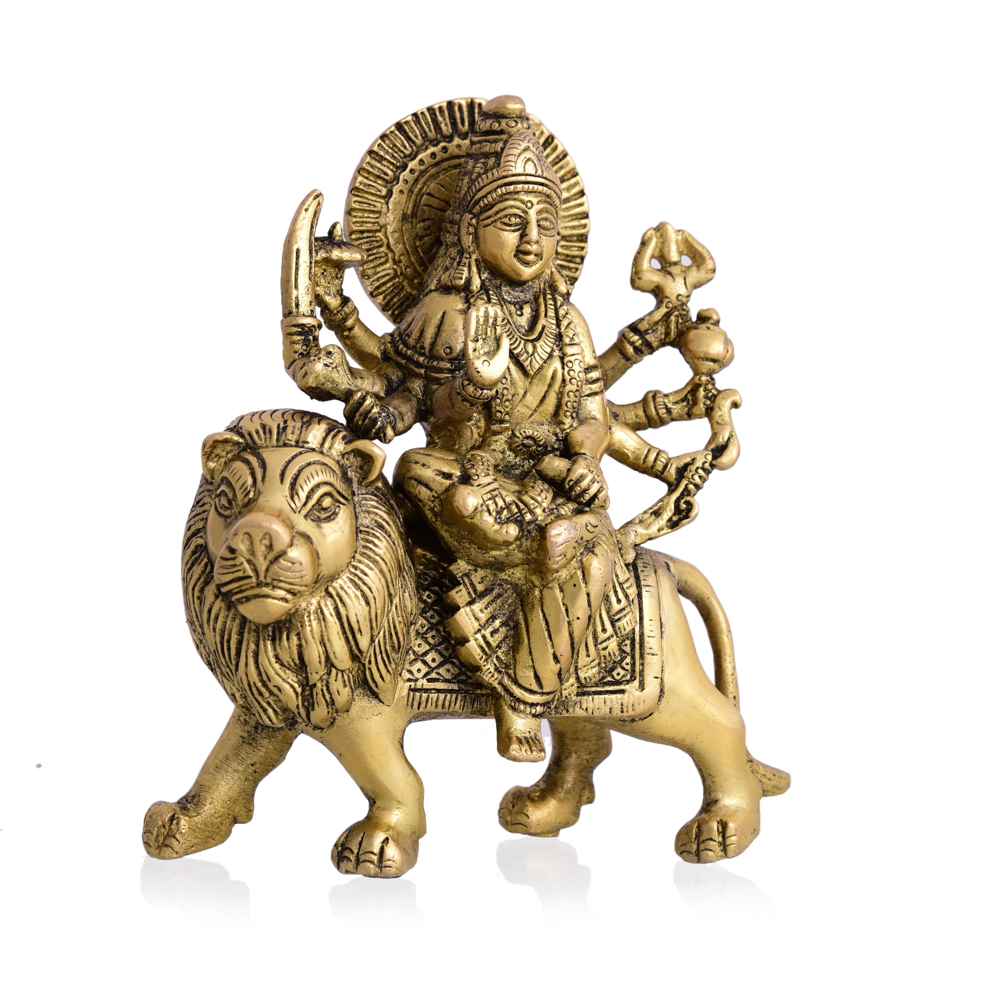 Brass Durga Idol Sitting On Loin (5.5 Inch)